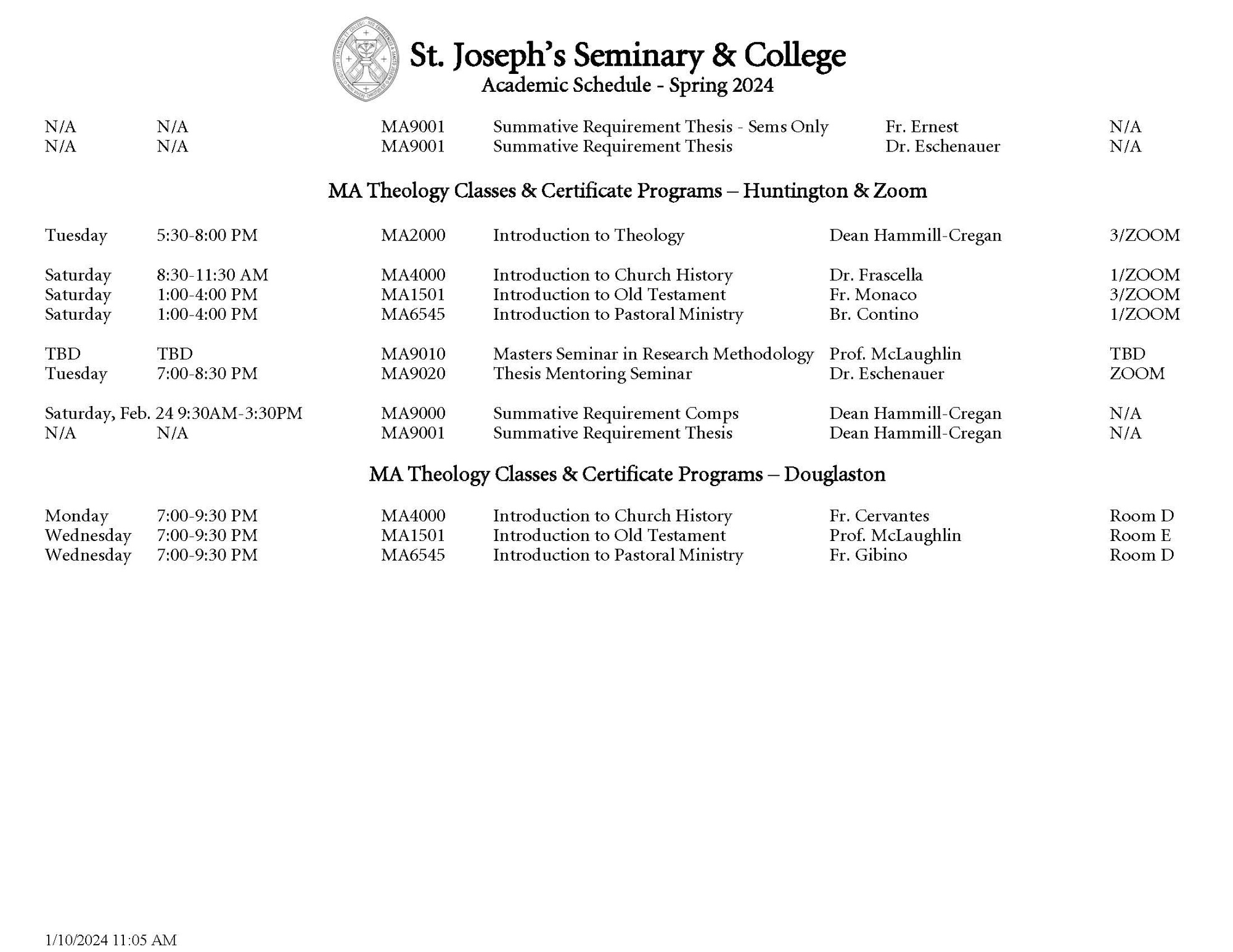 Spring 2024 Classes St. Joseph's Seminary & College Yonkers, NY
